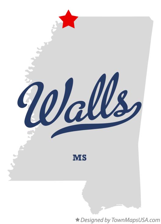 Map of Walls Mississippi MS
